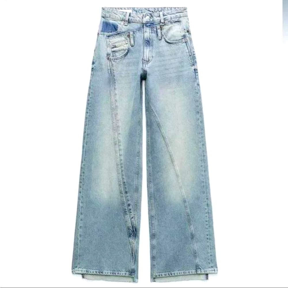 ZARA TRF WIDE LEG DOUBLE WAISTBAND DECONSTRUCTED JEANS